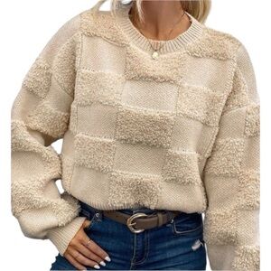 Women’s Cream Tan Checkered Textured Thick Sweater Pattern Winter New M-L